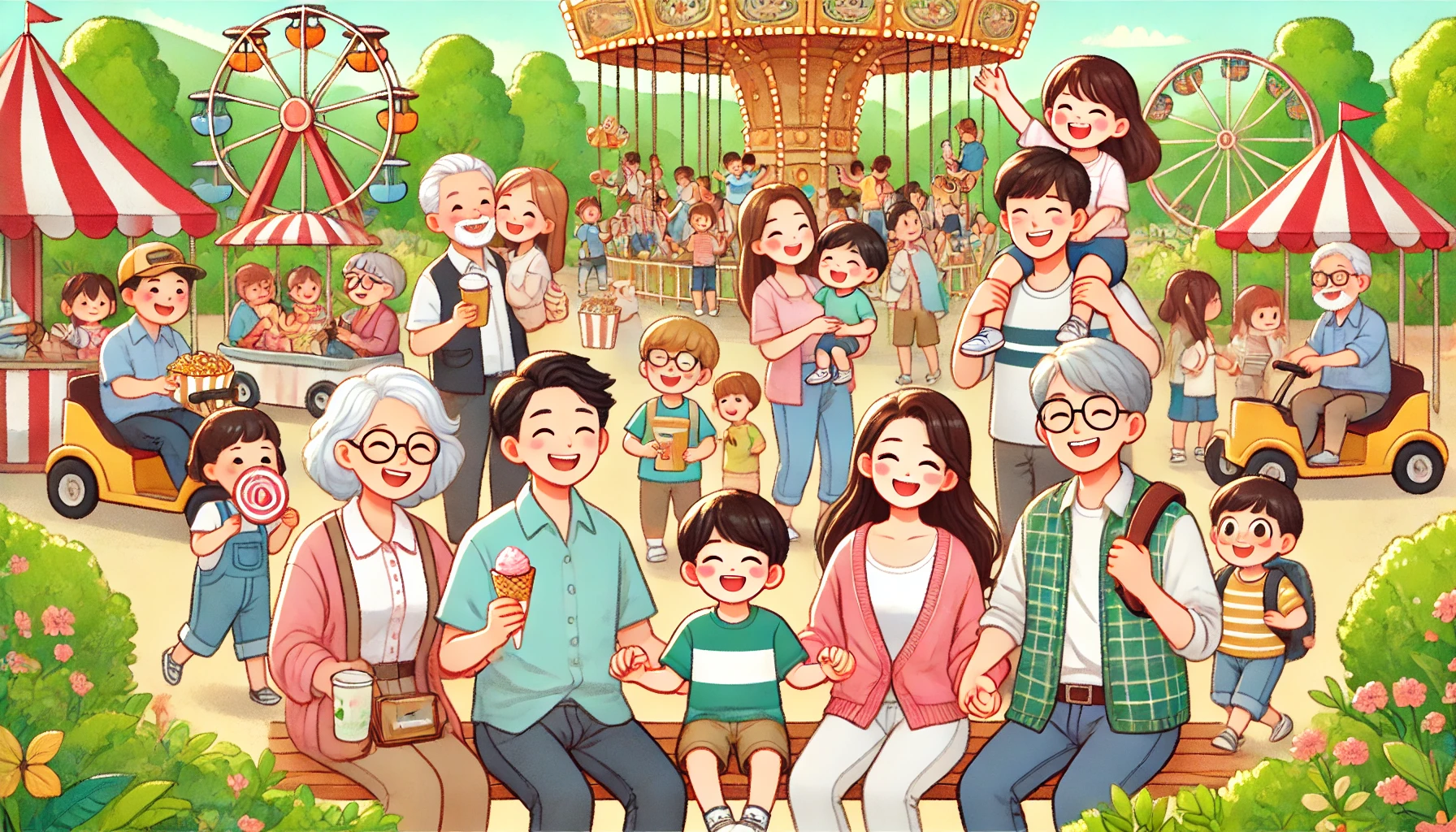 色々な年代の家族が遊園地を楽しんでいる