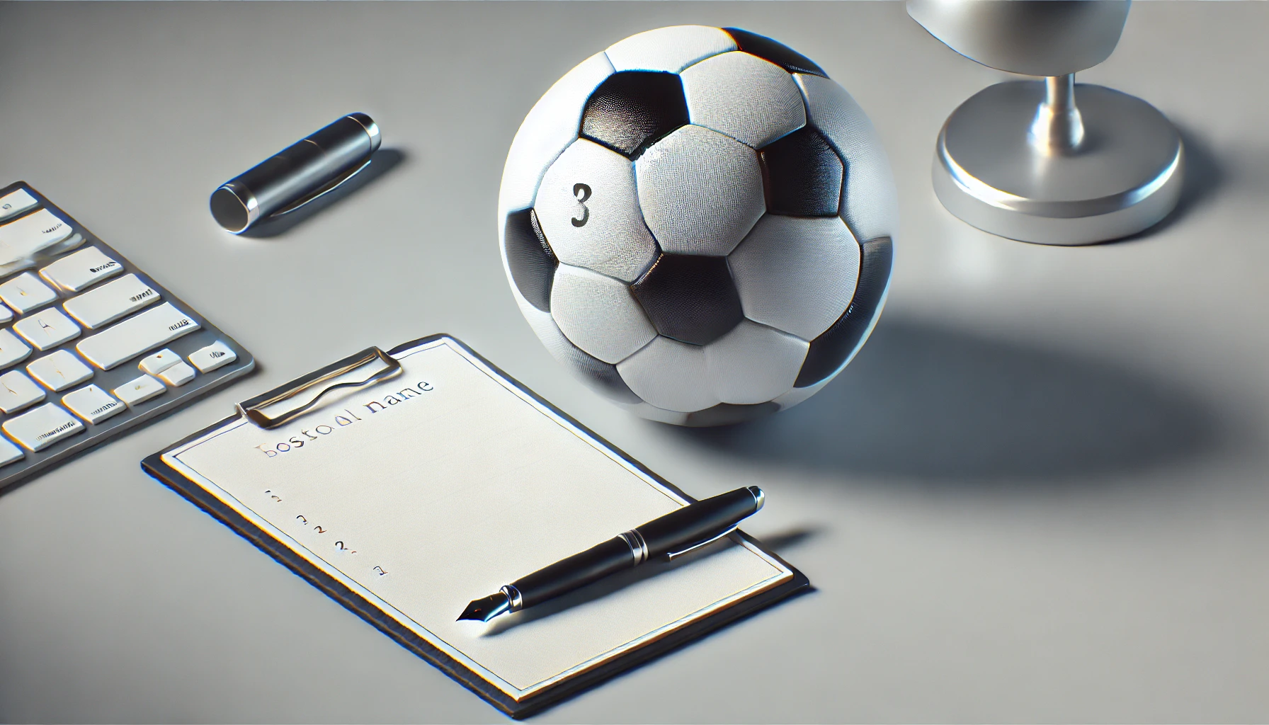 机の上のサッカーボールとペン、名前を書く準備のイメージ。