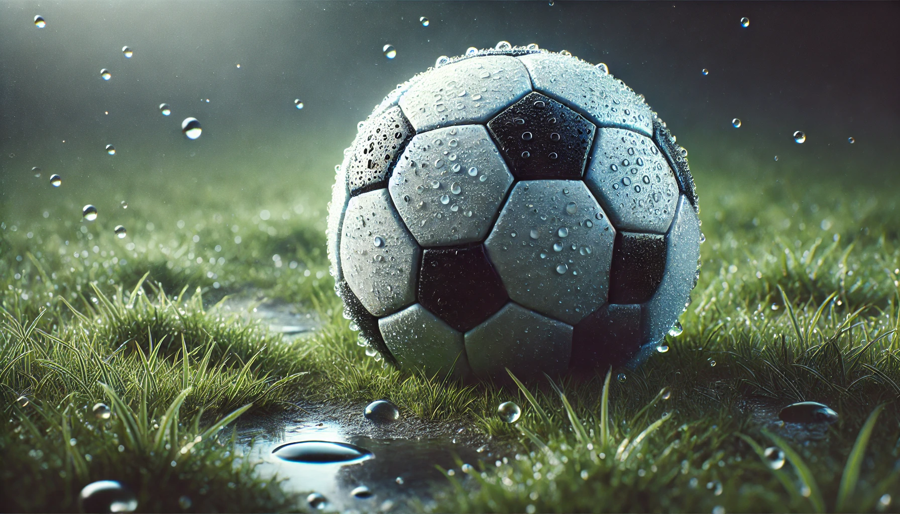 濡れた芝生の上のサッカーボール