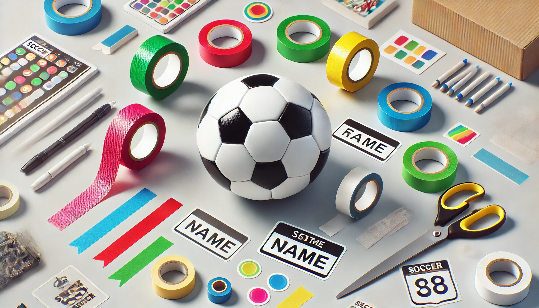 カラフルなテープやシールと一緒に置かれたサッカーボール