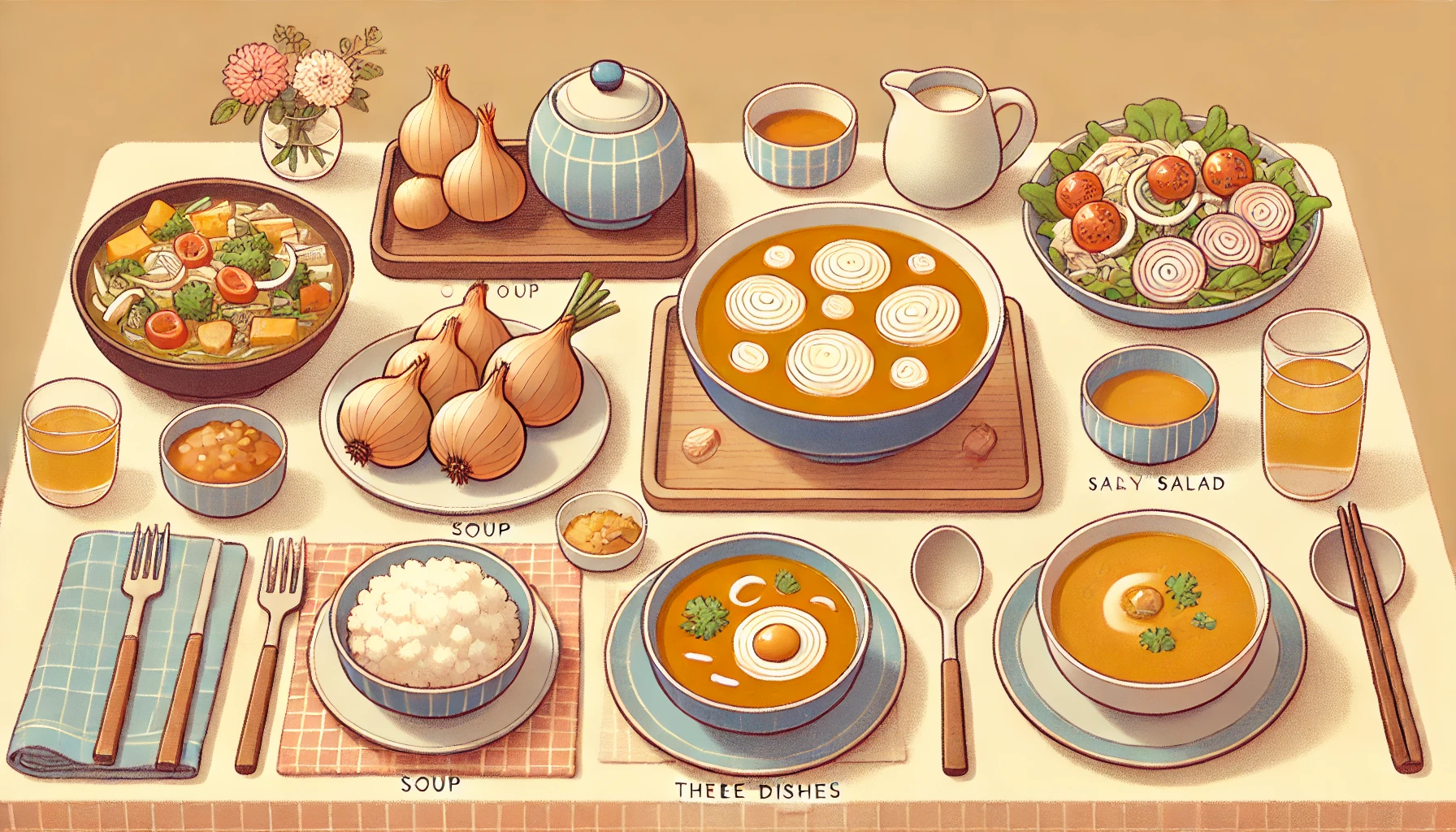 茹で玉ねぎが主役として使われている食卓風景